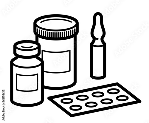 Medicine pharmacy theme medical bottles pills and ampules 3d vector illustration isolated, medicaments and drugs, health care meds cartoon, vitamins or antibiotics, simple linear design.