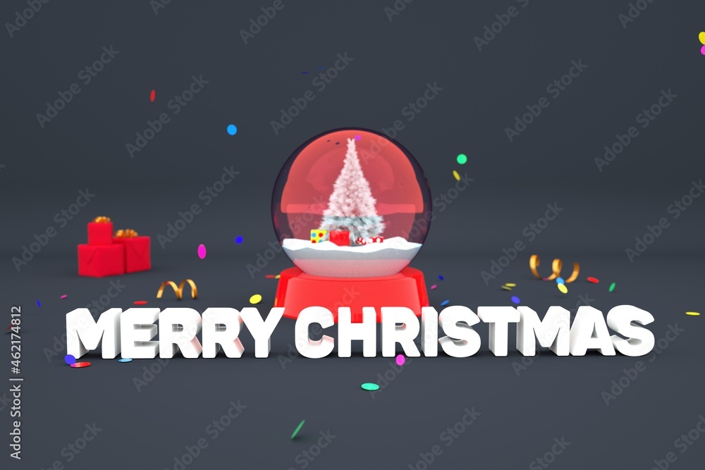 3D model of a snow toy decorative ball with a Christmas tree and gifts. 3D inscription Merry Christmas on a gray isolated background. Happy New Year, Merry Christmas. Christmas decorations 3D model of a snow toy decorative ball with a Christmas tree and gifts. 3D inscription Merry Christmas on a gray isolated background. Happy New Year, Merry Christmas. Christmas decorations