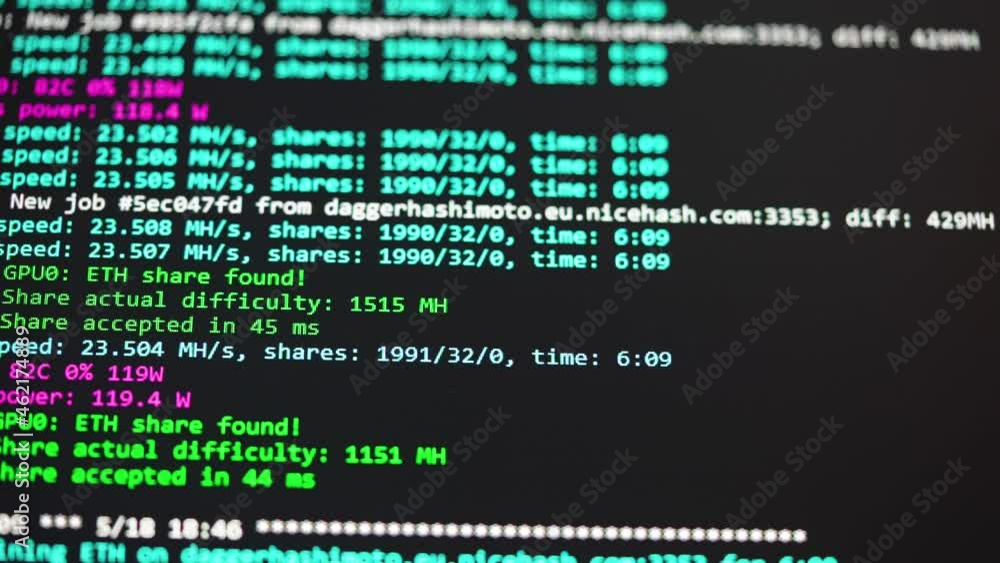 Process of mining digital crypto currency. Close up screen display of mining bitcoin process program. Economic and business concept. Slow motion ready 59.94fps. Process of mining digital crypto currency. Close up screen display of mining bitcoin process program. Economic and business concept. Slow motion ready 59.94fps.
