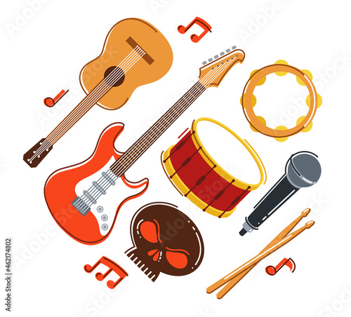 Rock music band vector flat illustration isolated over white background, hard rock and heavy metal live sound festival or concert, rock n roll musical band playing, night club party.