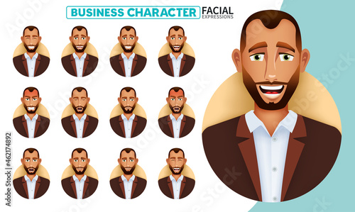 Business man facial expressions vector set. Businessman boss character in smiling, laughing, serious and angry face reaction for male employee mood emotion design. Vector illustration.
