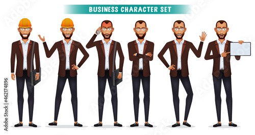 Business man character vector set. Businessman engineer employee characters standing with hard hat, white board and bag elements for builder and staff worker collection design. Vector illustration.
