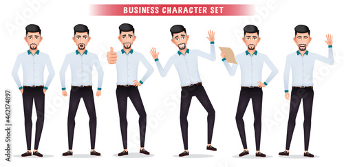 Business man character vector set. Businessman employee characters in standing pose, approved, waving and cheerful gestures for worker cartoon collection design. Vector illustration.
