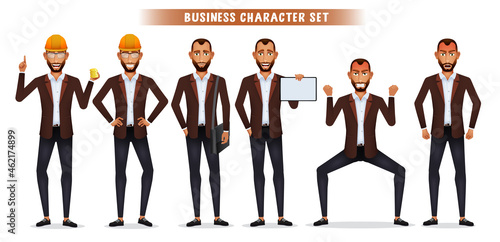 Businessman boss character vector set. Business man engineer employee characters with hard hat isolated in white background for manager job worker collection design. Vector illustration.
