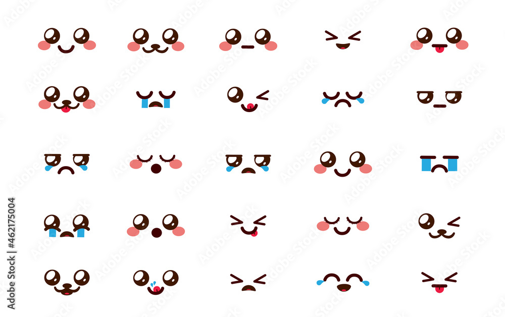 Conjunto Vetorial De Caracteres Do Estilo De Desenho Kawaii Rabiscar  Caracteres Suety. Coleção De ícones Emoticon Face Na Loja De Ilustração do  Vetor - Ilustração de vetor, cartoon: 248115993