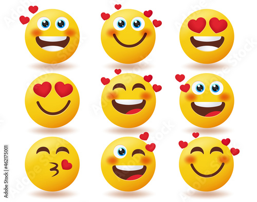Smileys valentines inlove emoticon vector set. Emoticons smiley love characters in smiling blushing and kissing facial expressions isolated in white background for emoji character design.