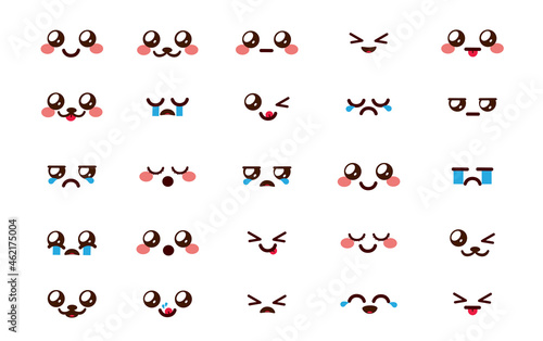 Smiley kawaii chibi vector set. Emoji cartoon emoticons face in facial reactions and expressions isolated in white background for cute comic doodle chibis character design. Vector illustration.
