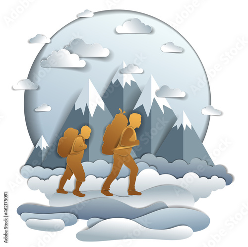 Father and son hiking to nature with mountain range, active men, fatherhood and teenager son growing masculine. Vector illustration of beautiful summer scenic landscape, clouds in the sky, holidays.