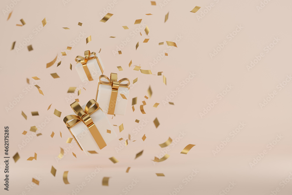 New Year Gifts and confetti.Banner design. 3D Illustration New Year Gifts and confetti.Banner design. 3D Illustration