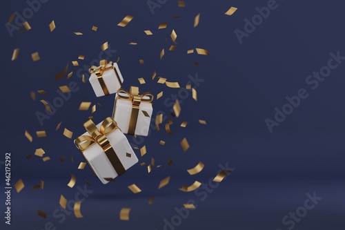New Year Gifts and confetti.Banner design. 3D Illustration