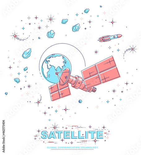 Communication satellite flying orbital spaceflight around earth, spacecraft space station with solar panels and satellite antenna plate, with rockets, stars and other elements. Vector.