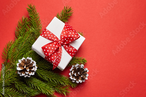 Gift box with green Christmas tree branch on red