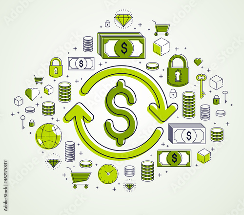 Dollar sign and loop arrow, currency exchange, return on investment, insurance concept, refund, stock market, refinance, vector design.