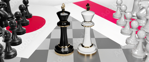 Japan and Poland conflict, clash, crisis and debate between those two countries that aims at a trade deal and dominance symbolized by a chess game with national flags, 3d illustration