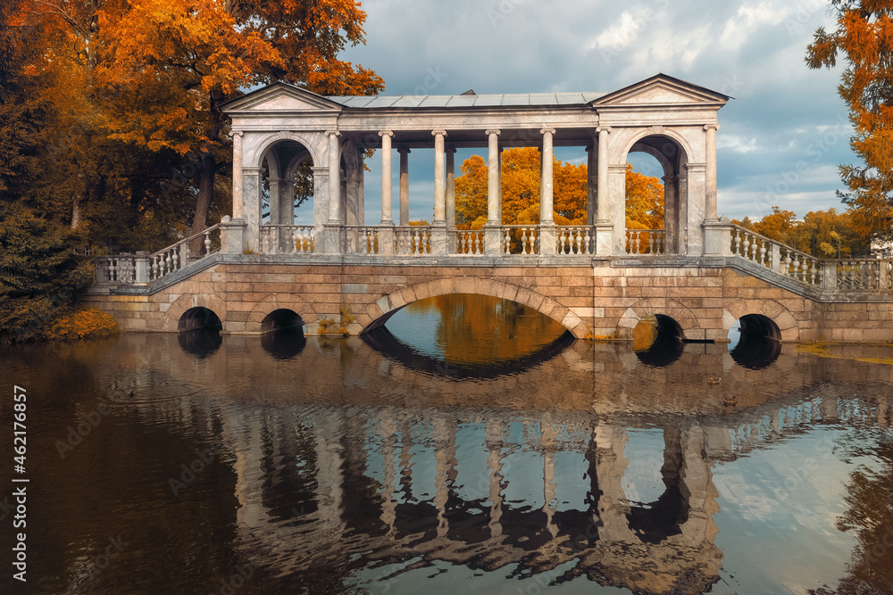 Marble bridge in Park in Petersburg, Pushkin in autumn