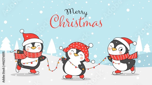 Draw penguin playing in snow for christmas and winter