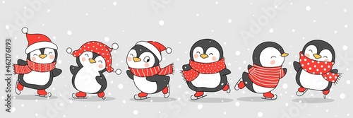 Draw cute penguin on skating For winter and Christmas
