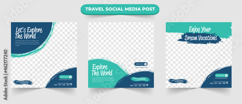 Set of travel and tourism holiday vacation sale social media post square digital banner flyer or poster for travelling agency business promotion design template