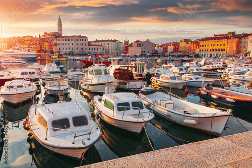 Rovinj cozy little seaside old town with harbor on the Istrian peninsula in Adriatic sea at sunset in Croatia
