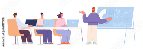 Business meeting characters. Flat office manager, team planning work process. Audience and speaker presentation, training utter vector scene