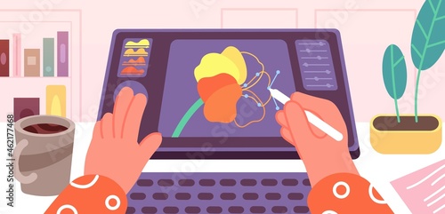 Graphic designer working. Artist animation doing image video motion. Animator work at tablet, creative hands drawing at screen utter vector scene