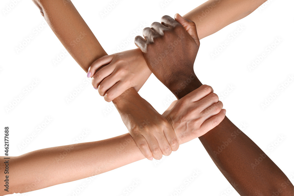 Fototapeta premium People joining hands together on white background, closeup