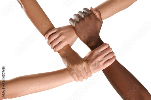 People joining hands together on white background, closeup photo