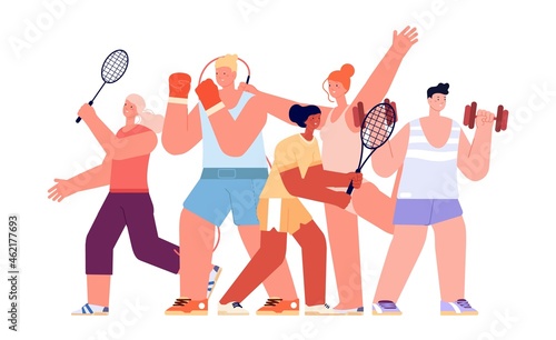 Sport team. Different athletes, international sports characters. Isolated fitness coach, gym group vector illustration