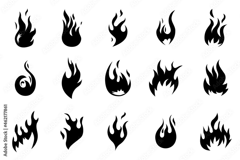 Black fire icons. Flames shapes. Heat fires silhouettes. Isolated hot blaze, bonfire logo. Warning heat and flammable, campfire recent vector set Black fire icons. Flames shapes. Heat fires silhouettes. Isolated hot blaze, bonfire logo. Warning heat and flammable, campfire recent vector set