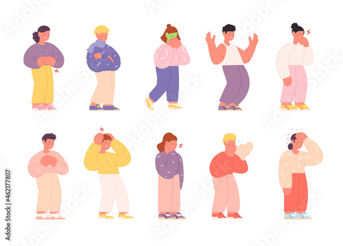 Kids ill. Funny cartoon girl has headache, cough or cold. Sick children, isolated sickness boy. Toothache, vomiting disease utter vector characters