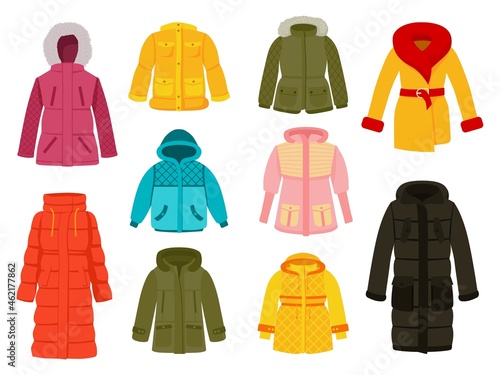 Warm winter clothes. Clothing icons, women seasonal cloth. Casual and sport garment. Colorful fashion coat, sweater, jacket. Recent vector outwear set