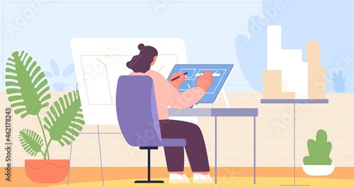 Female architect. Woman working house, professional urban technical project. Engineering and construction, real estate office utter vector location