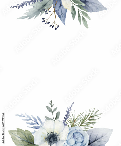 A watercolor vector winter frame with dusty blue flowers and branches. 