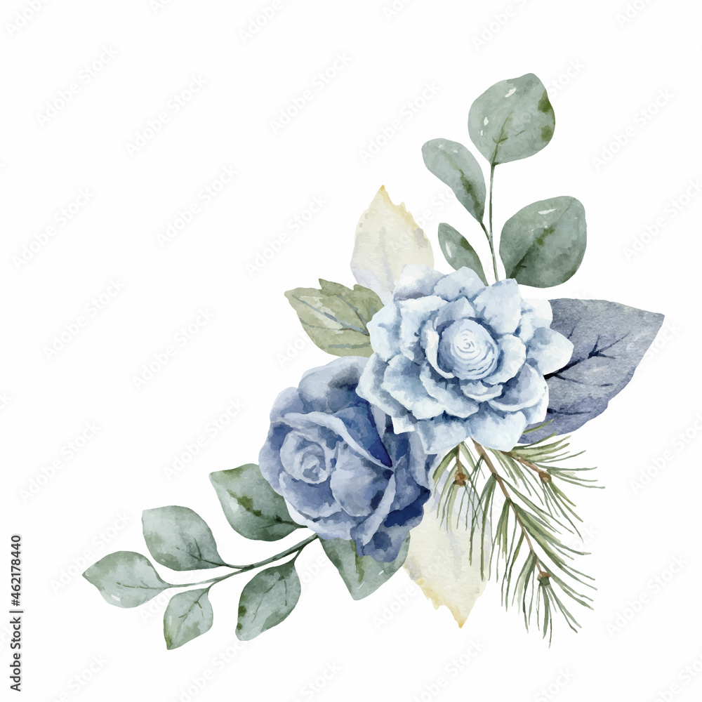 A watercolor vector winter bouquet with dusty blue flowers and