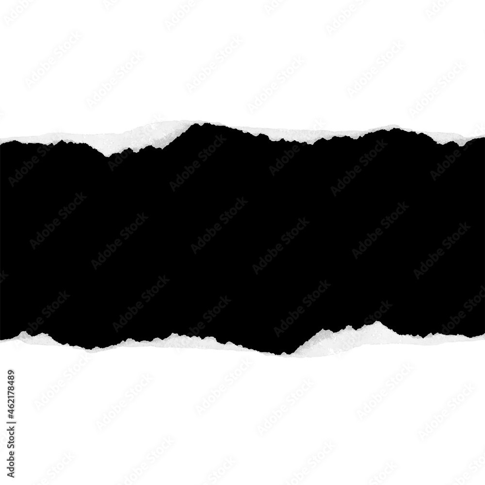 Des morceaux de papier horizontal noir déchiré avec une ombre douce collés sur un fond carré blanc  - obrazy, fototapety, plakaty 