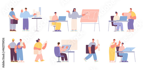 Builders characters. Factory working man, construction worker. Isolated businesses engineer and architect. Contractor team utter vector set
