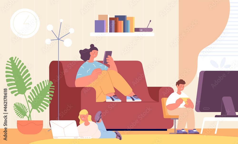 Gadget addiction. Family use gadgets, sister brother sitting in living room and play in computer or smartphone. Teen in social media utter vector concept