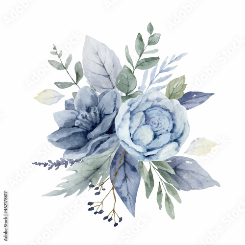 A watercolor vector winter bouquet with dusty blue flowers and branches. 