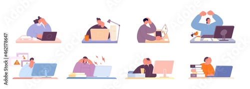 Stress office people. Tired woman, burnout and fatigue. Sleepy manager at computer. Negative emotion, work crisis or exhausted utter vector set