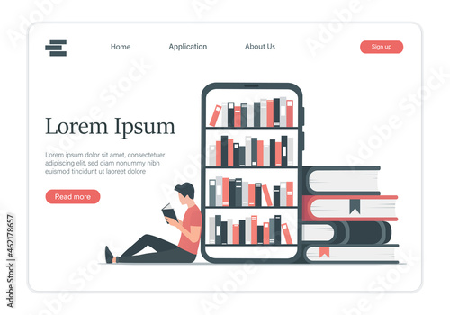 A person is reading a book. Online book store landing page. Colored flat vector illustration. Isolated on white background.