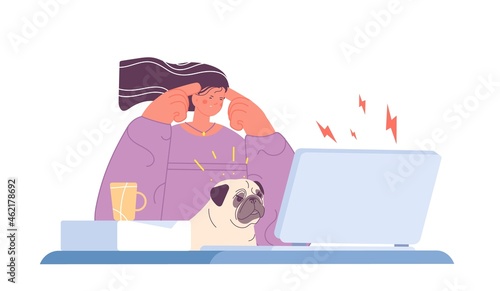 Tired office woman. Stress work, burnout and mental exhausted. Girl with indignant dog sit at computer. Workaholic or emotional student utter vector scene