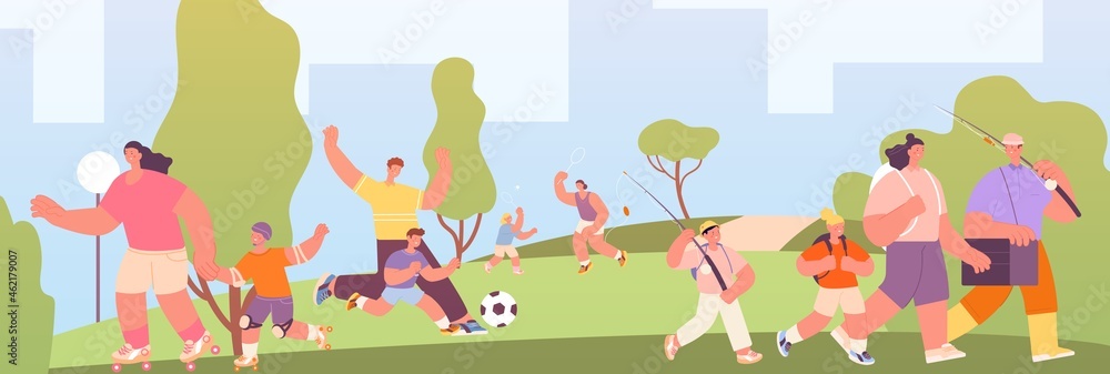Family in park. Couples walking, outdoor freshness walk. Kids and parents happy time in garden, leisurely recreational and sporting utter vector scene - obrazy, fototapety, plakaty 