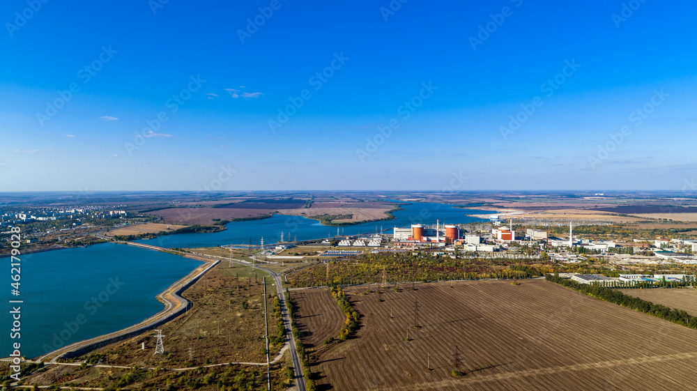 Nuclear power plant at sunny day aerial view