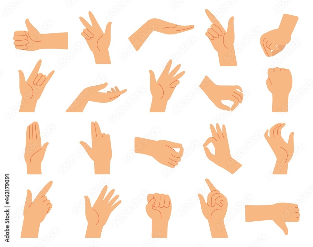 Different hand gestures. Hands gesture collection, arms pressed position. Fingers signal, diverse manual poses of language decent vector set Different hand gestures. Hands gesture collection, arms pressed position. Fingers signal, diverse manual poses of language decent vector set