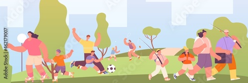 Family in park. Couples walking, outdoor freshness walk. Kids and parents happy time in garden, leisurely recreational and sporting utter vector scene