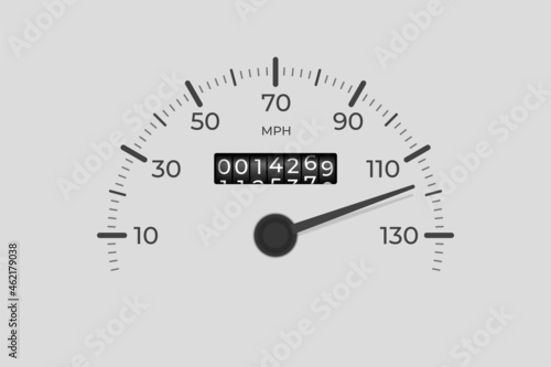 Isolated speedometer. Car mileage, measuring kilometers. Circle speed control, accelerating dashboard of autos or motorbike, recent vector background photo