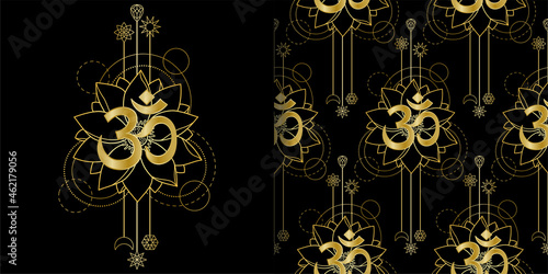 Om and Lotus geometric print and seamless pattern set