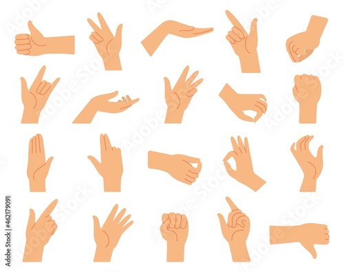Different hand gestures. Hands gesture collection, arms pressed position. Fingers signal, diverse manual poses of language decent vector set