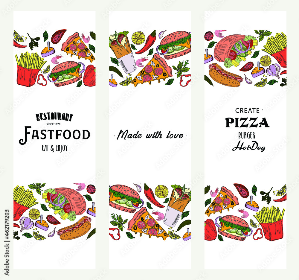 Templates for label design with hand drawn fastfood