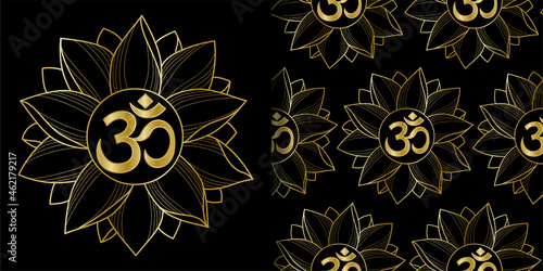 Gold Om and Lotus print and seamless pattern set